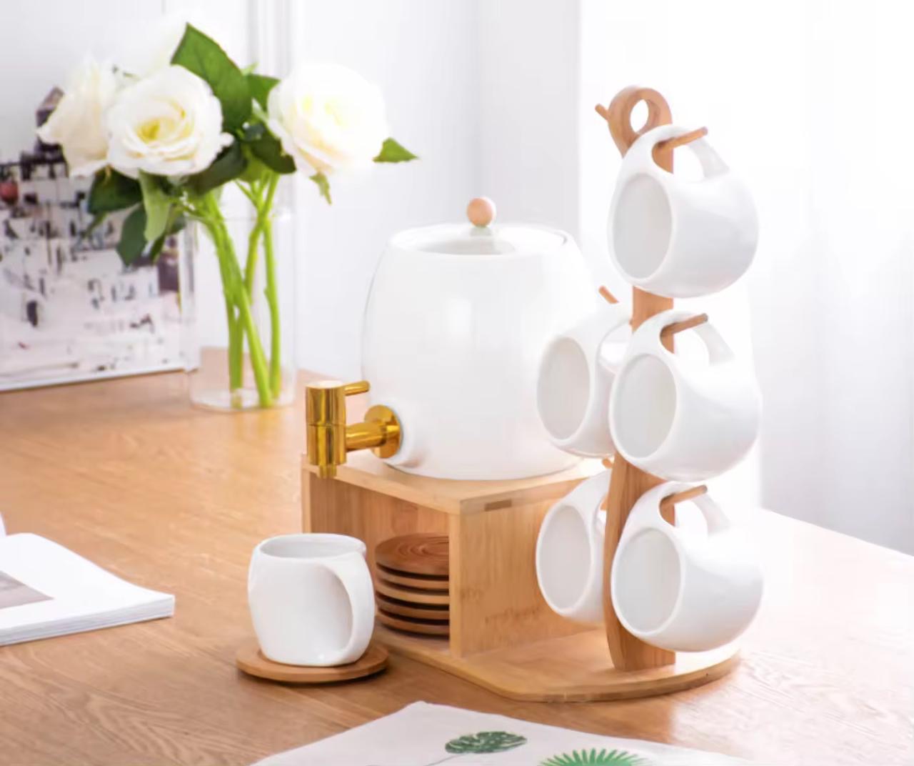 Ceramic Water Dispenser Set with Wooden Stand & Mug Holder