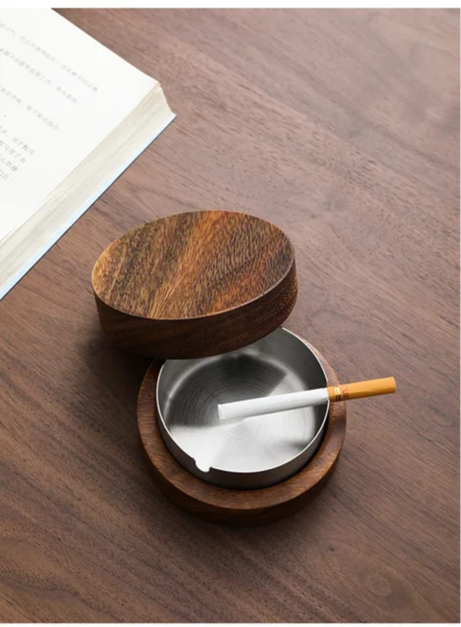 Elegnat wood and stainless steel ashtray
