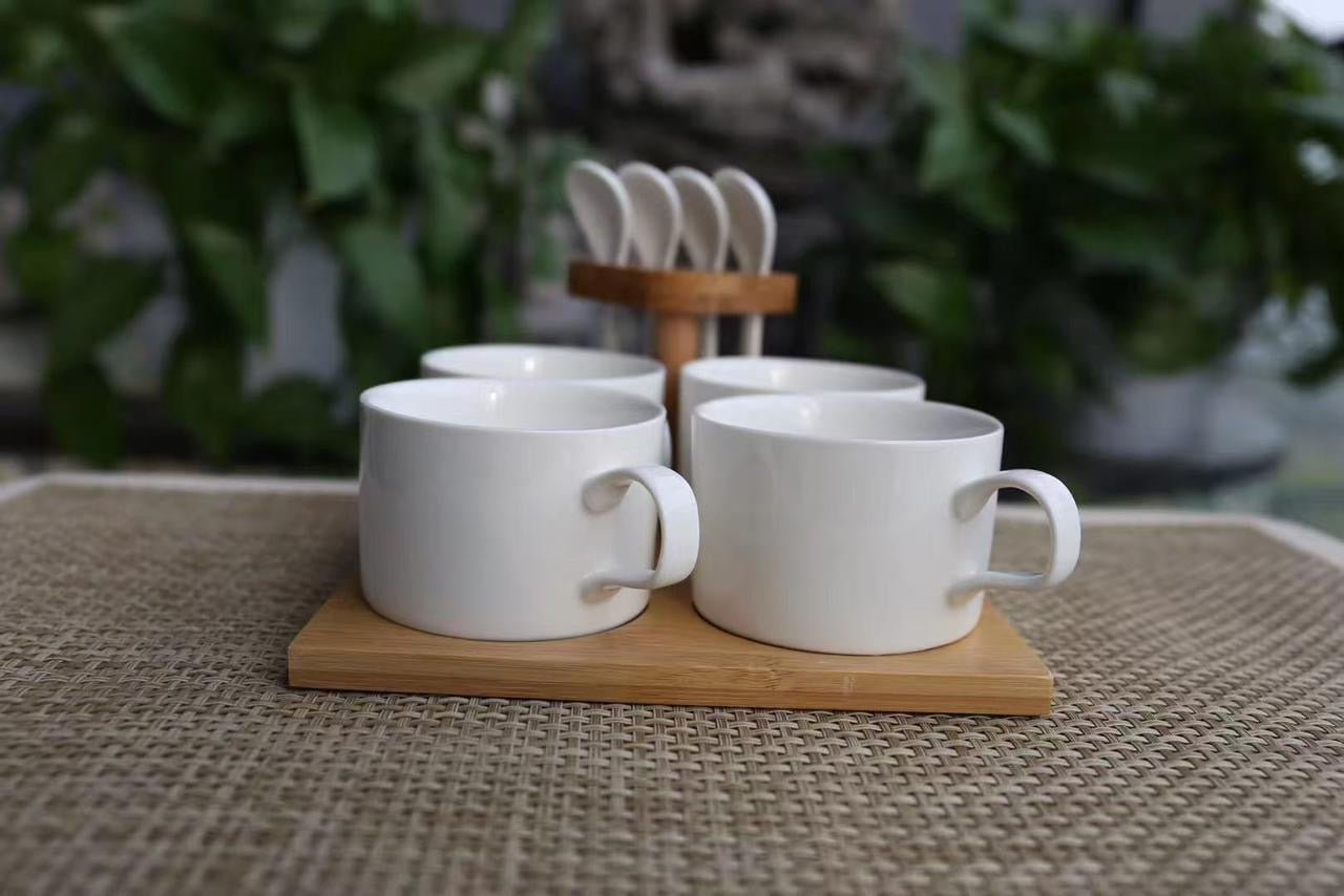 Ceramic Coffee Cup Set with Bamboo Base & Spoons (9 Pieces)
