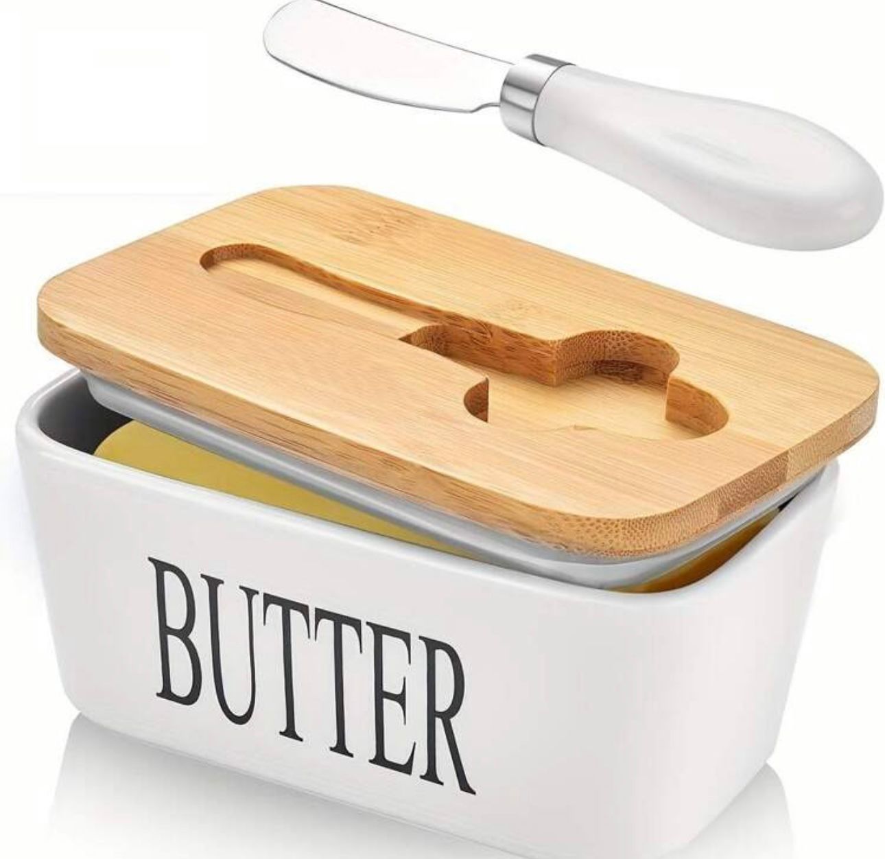 Ceramic Butter Dish with Bamboo Lid and Knife