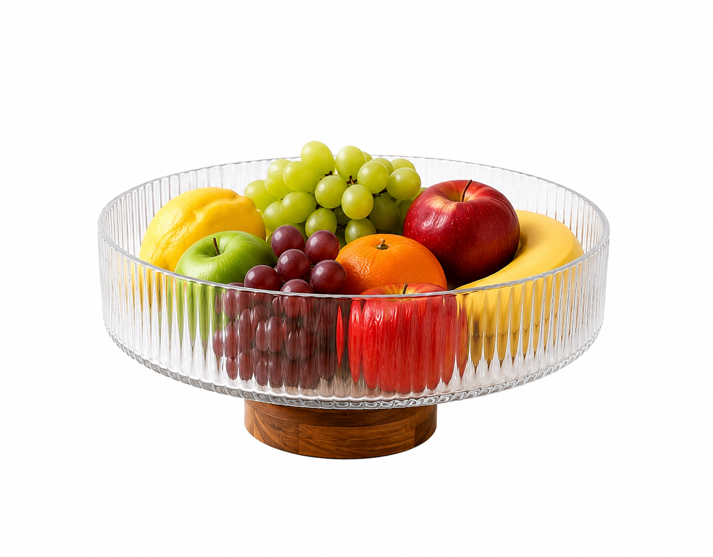 Ribbed Glass Fruit Bowl Set with Wooden Bases