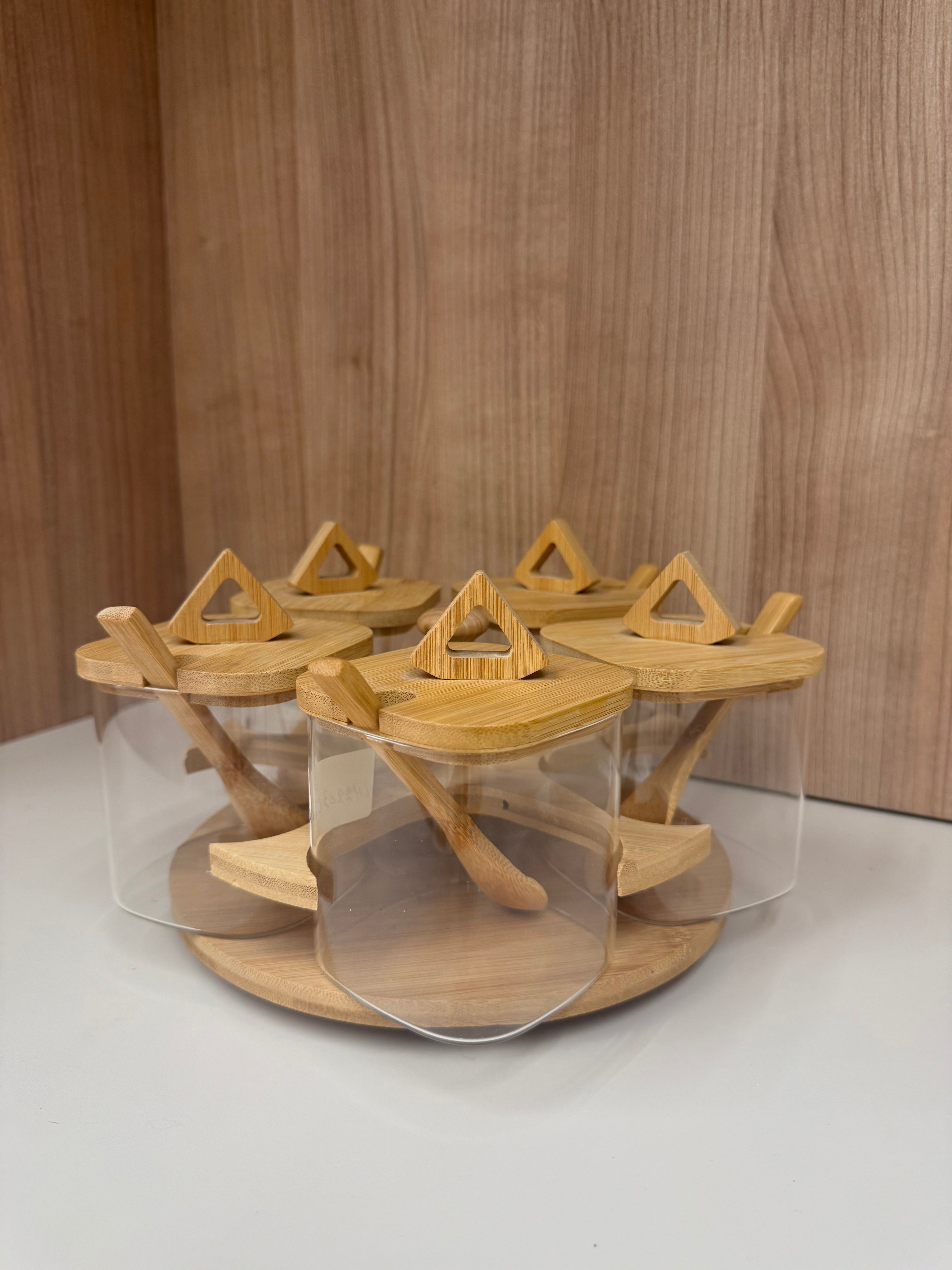 5-Piece Bamboo Rotating Spice Jar Set with Wooden Spoons