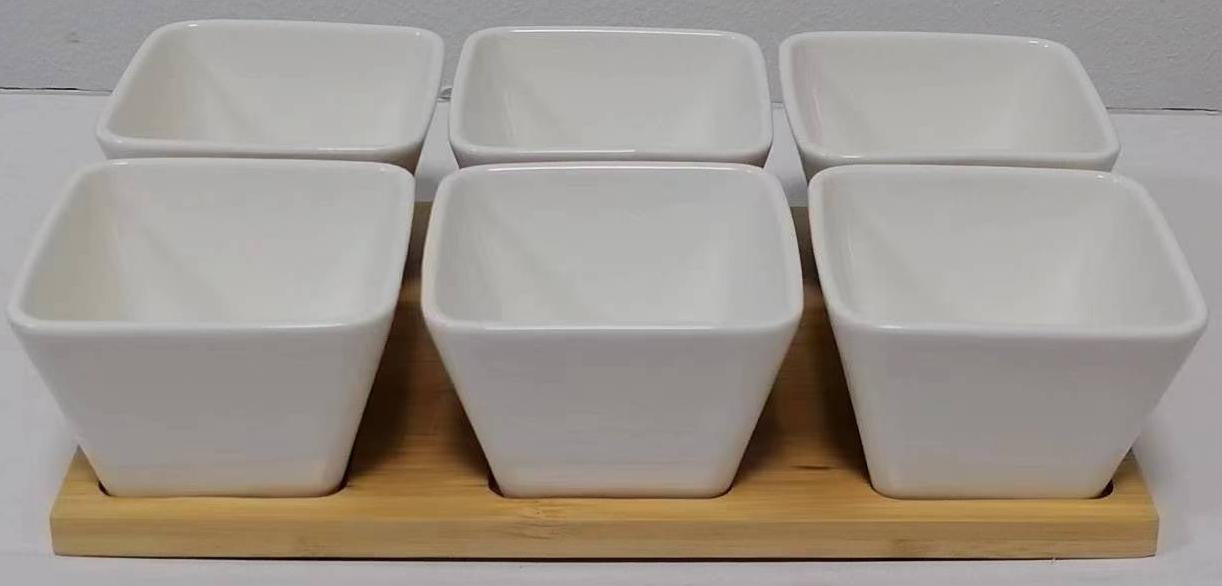 Set of 6 square ceramic bowls with a natural bamboo tray