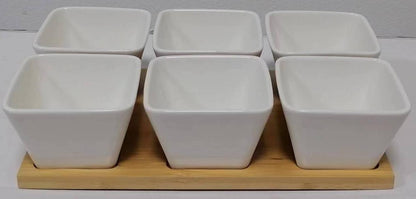 Set of 6 square ceramic bowls with a natural bamboo tray