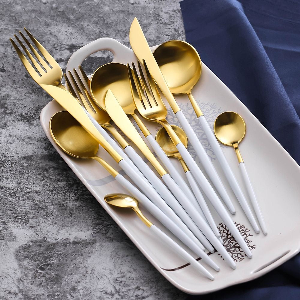 White/Gold Stainless Steel Flatware Set – 60-Piece Service for 12
