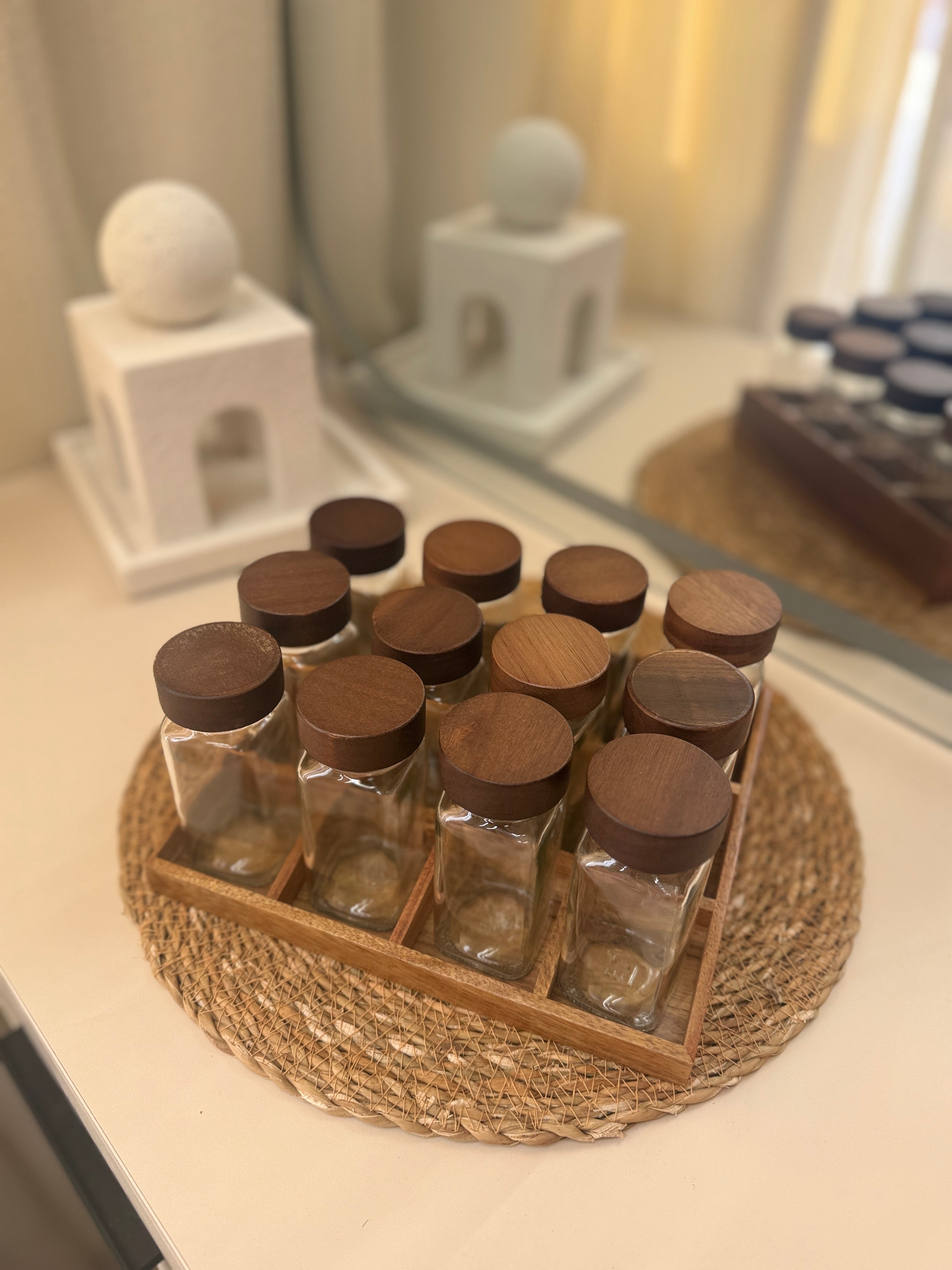 Set of 12 Glass Jars With Wood Stand