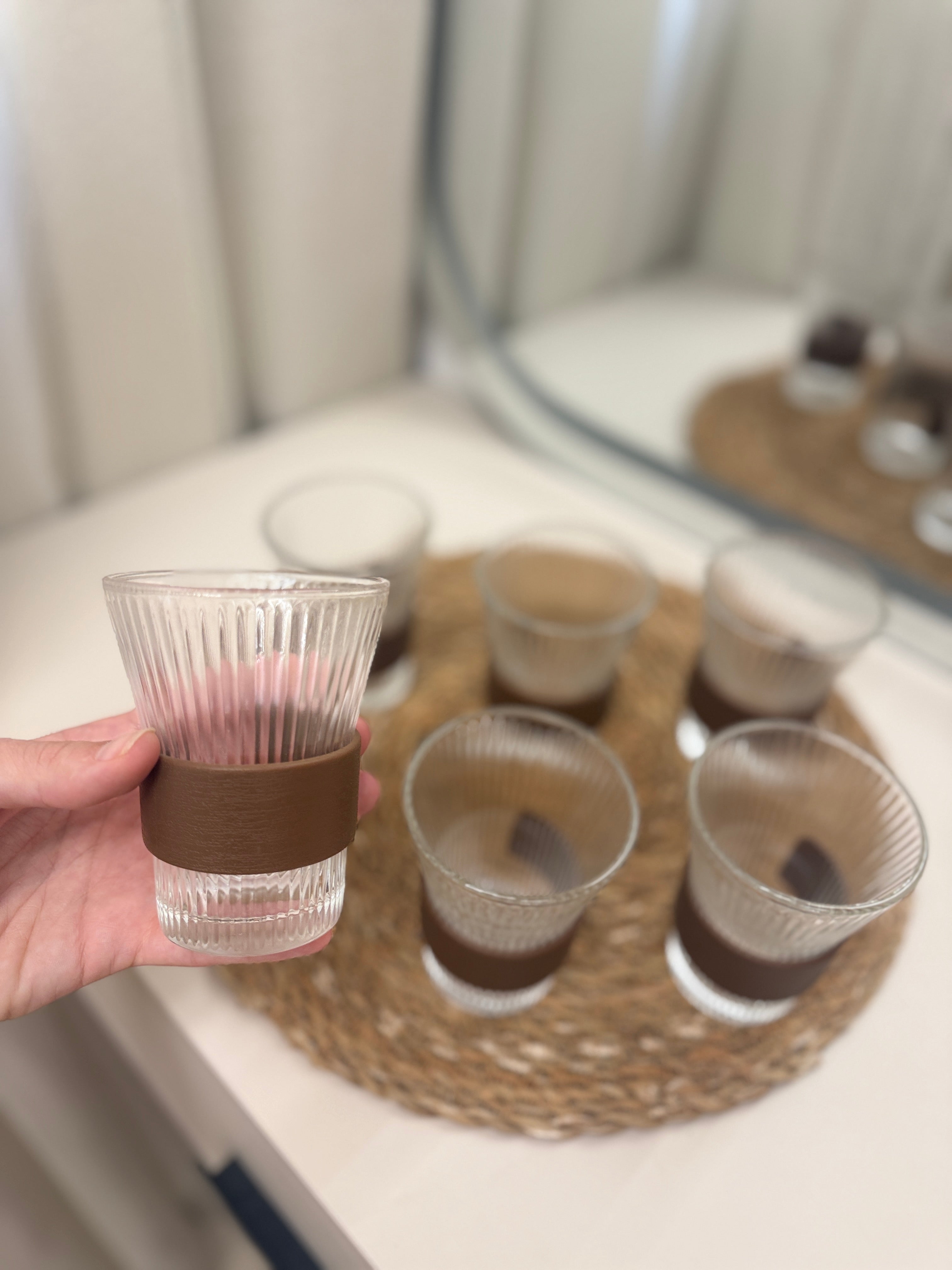 12-Piece Ribbed Glass Coffee Cup Set with Wood Grip