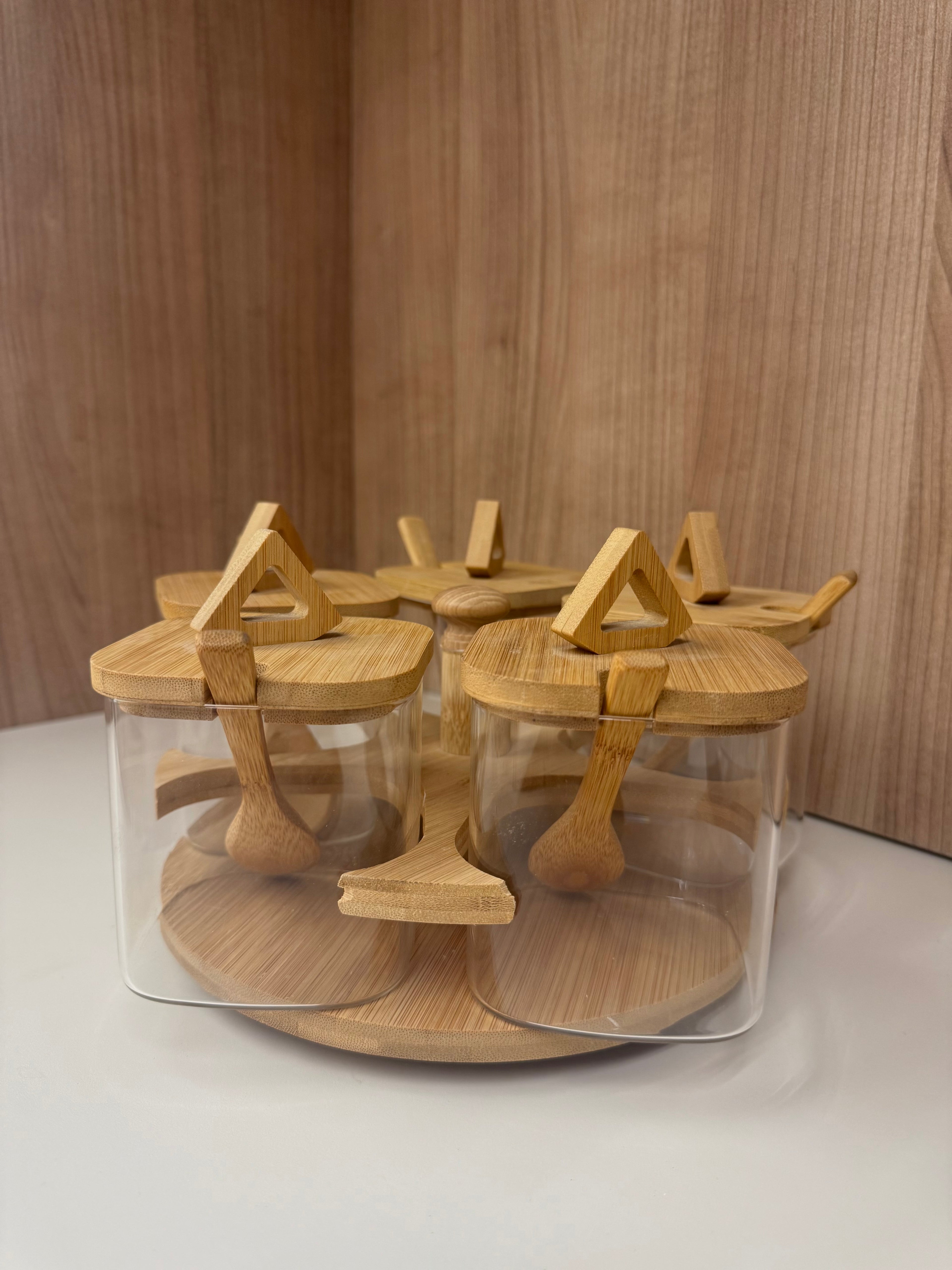 5-Piece Bamboo Rotating Spice Jar Set with Wooden Spoons