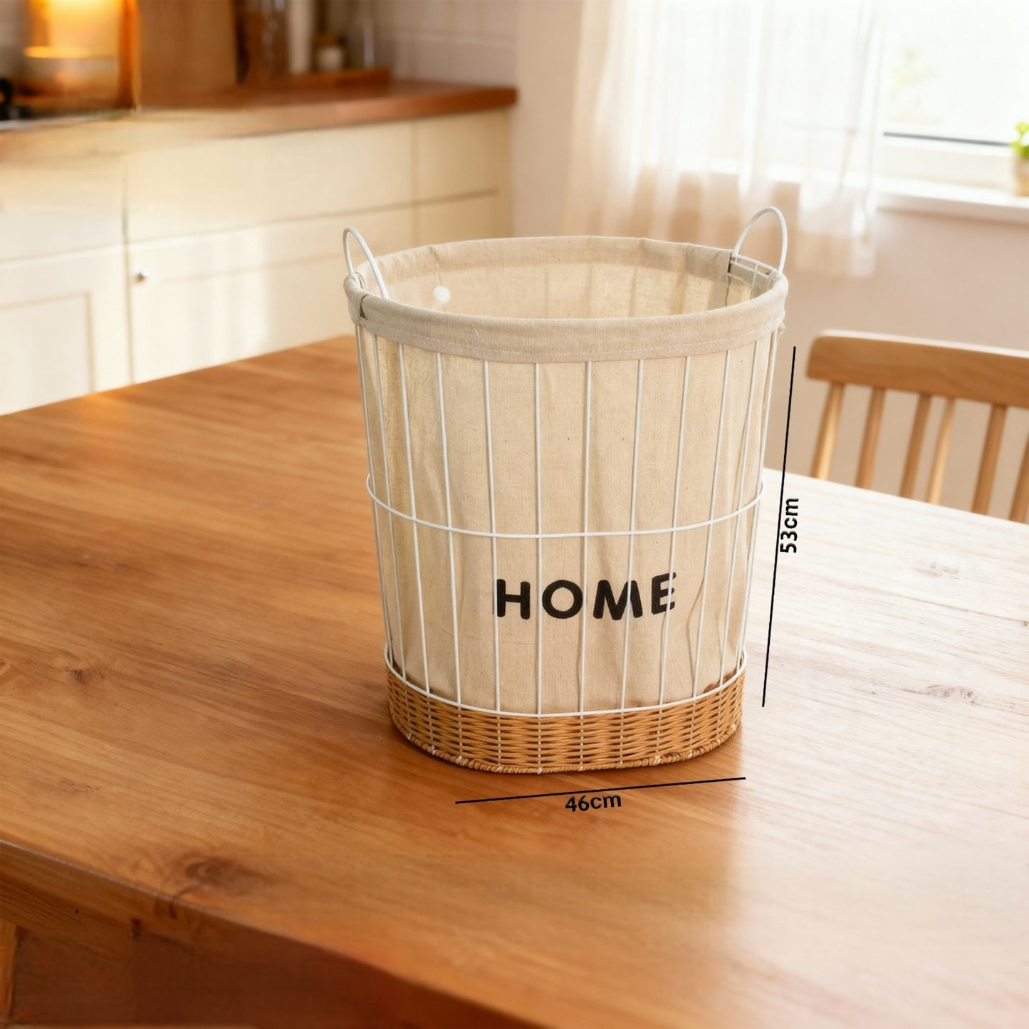 Fabric & Metal Storage Basket with Rattan Base – “HOME” Design