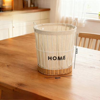 Fabric & Metal Storage Basket with Rattan Base – “HOME” Design