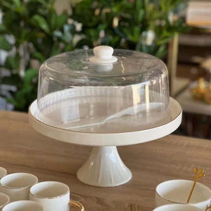 Elegant Cake Stand with Glass Dome – White Ceramic Base