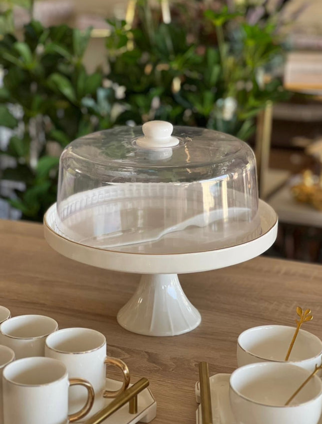Elegant Cake Stand with Glass Dome – White Ceramic Base