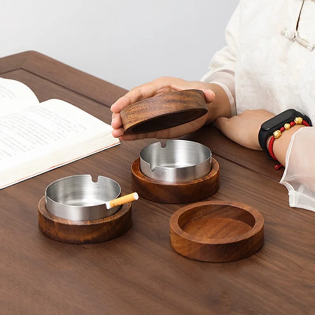 Elegnat wood and stainless steel ashtray