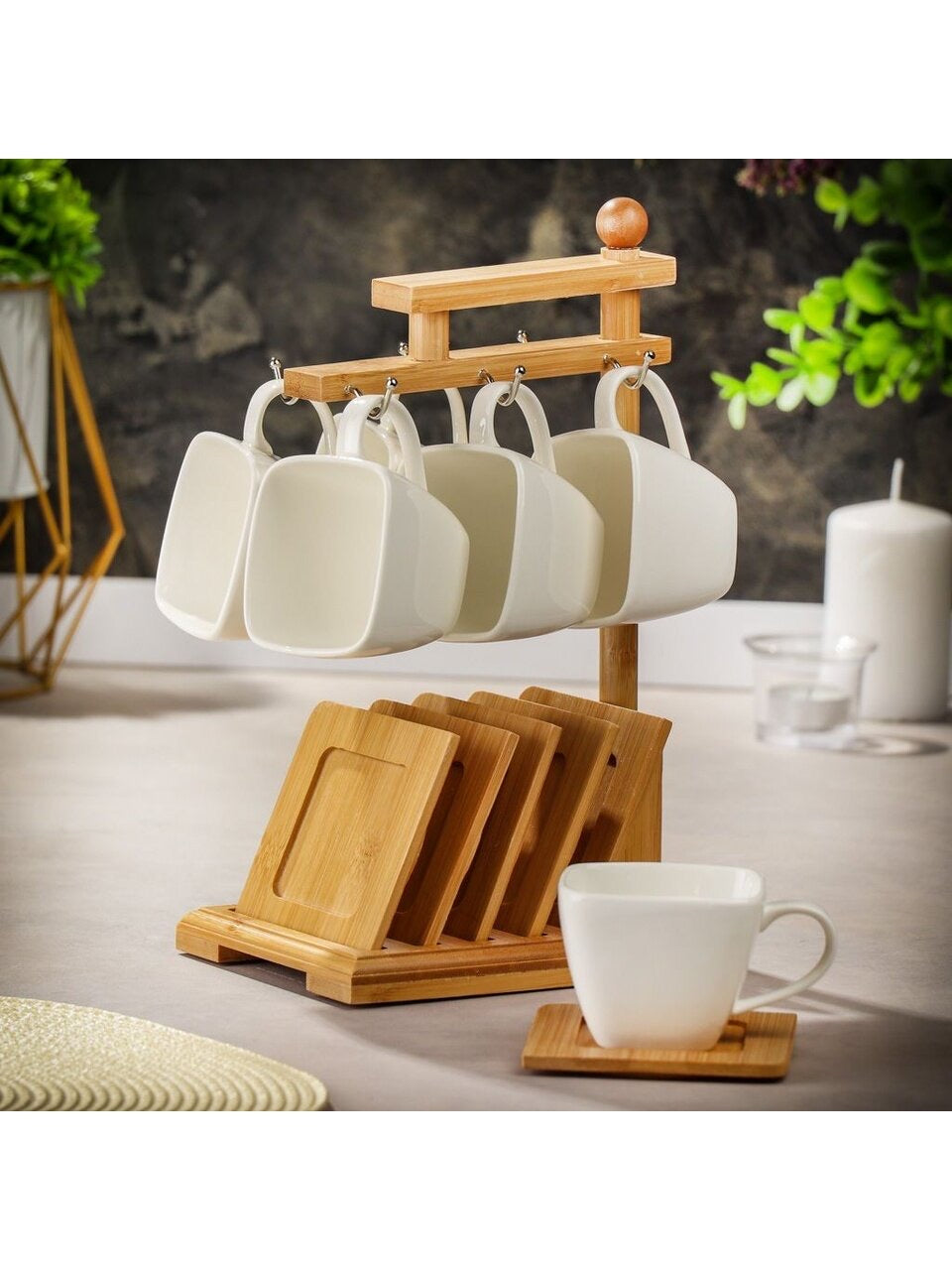 6-Piece Ceramic Mug Set with Bamboo Stand