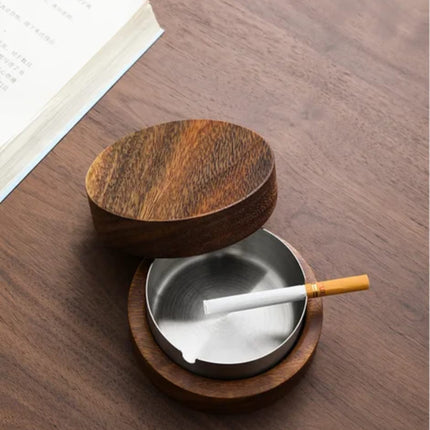 Ashtray Stainless Wood Base/Cover