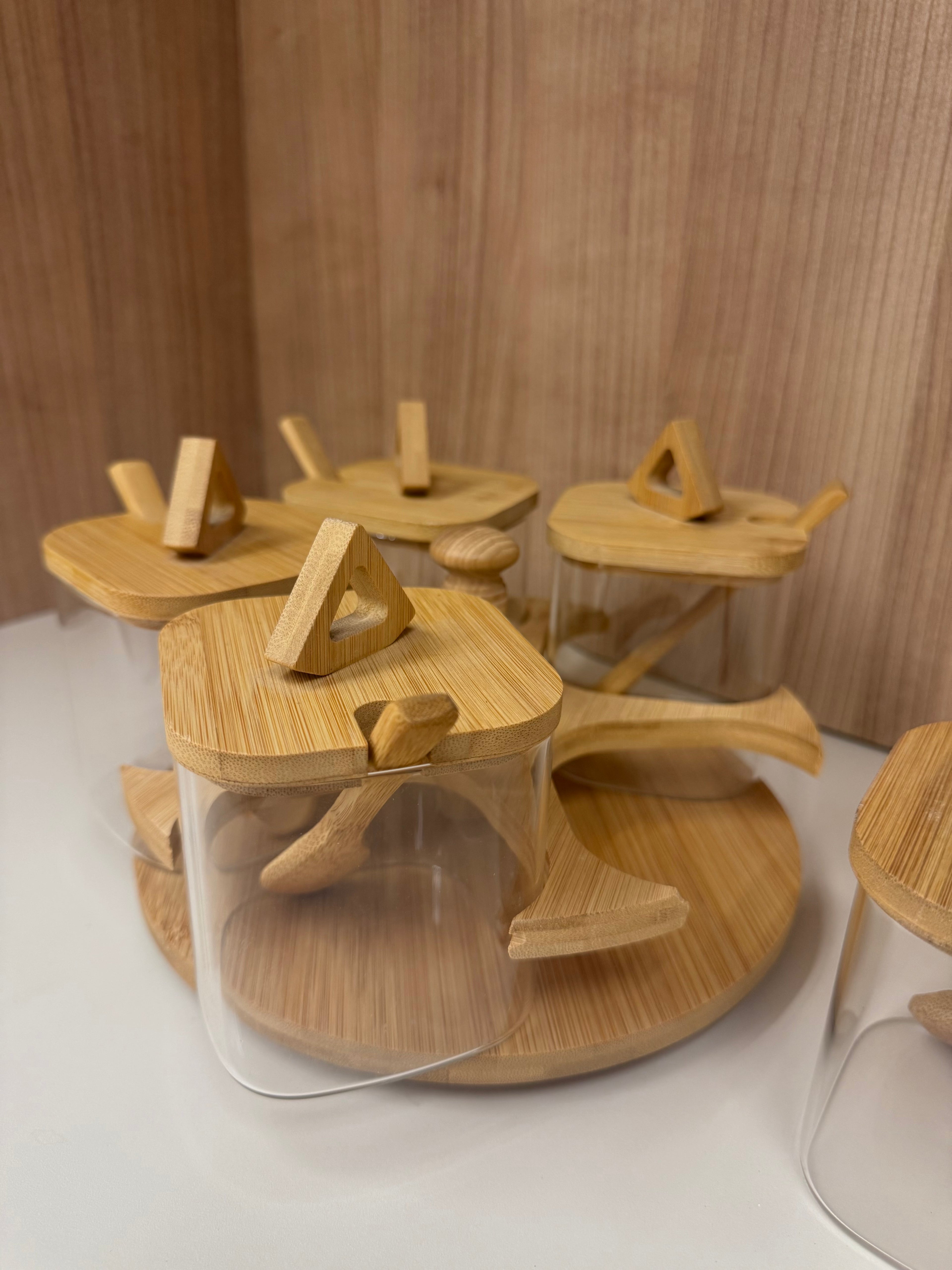 5-Piece Bamboo Rotating Spice Jar Set with Wooden Spoons