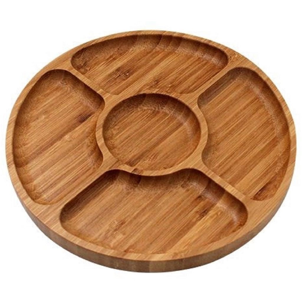 Round Wooden Serving Platter – 7 Sectional Compartments