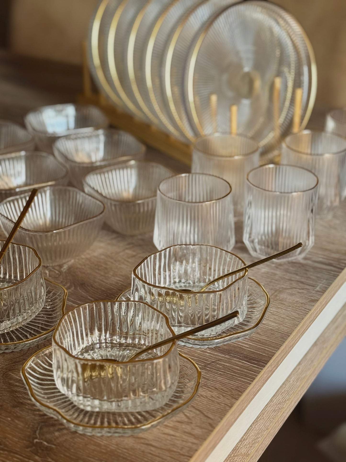 Elegant Ribbed Glass Bowl Set with Gold Rim