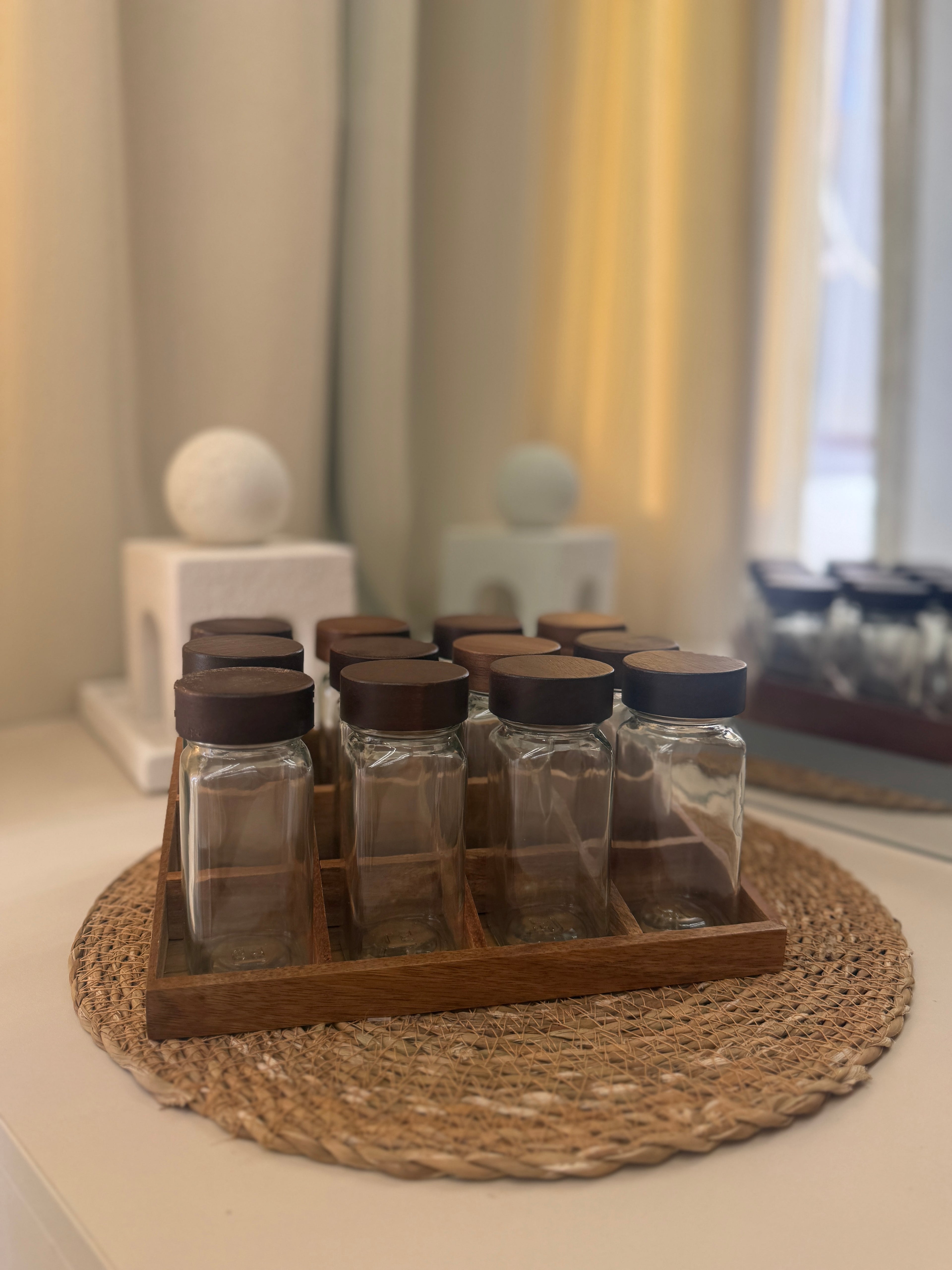 Set of 12 Glass Jars With Wood Stand
