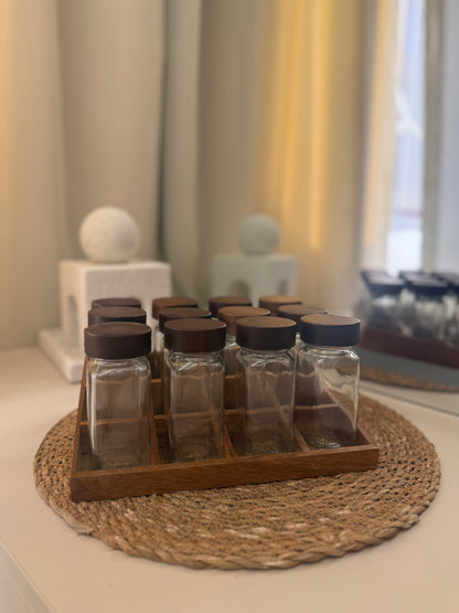 Set of 12 Glass Jars With Wood Stand