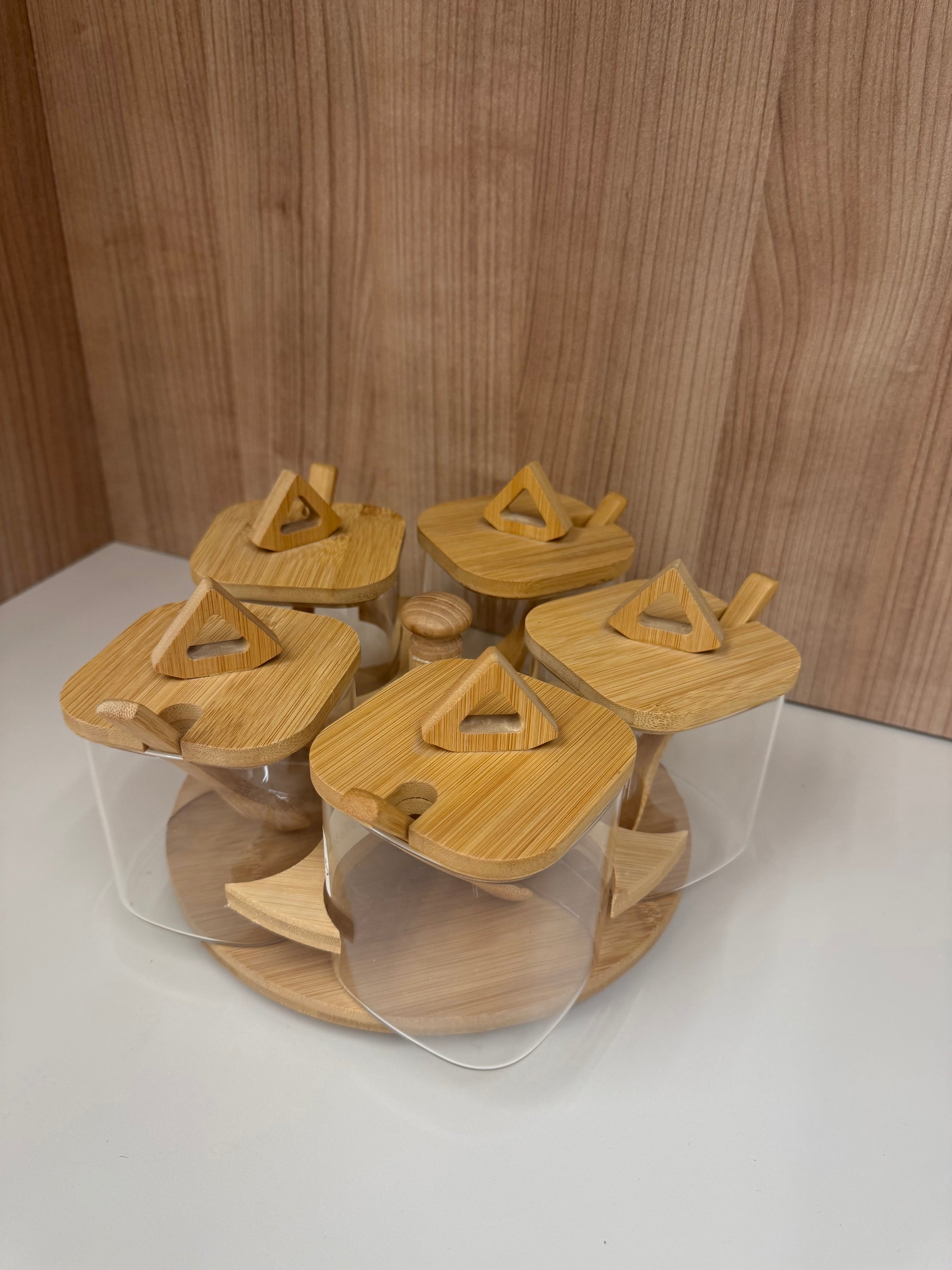 5-Piece Bamboo Rotating Spice Jar Set with Wooden Spoons