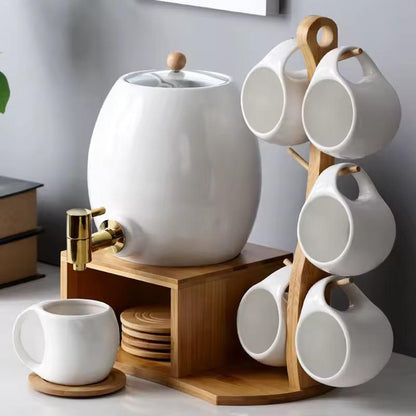 Ceramic Water Dispenser Set with Wooden Stand & Mug Holder