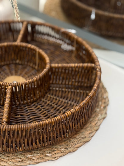 Round Woven Serving Tray with Compartments