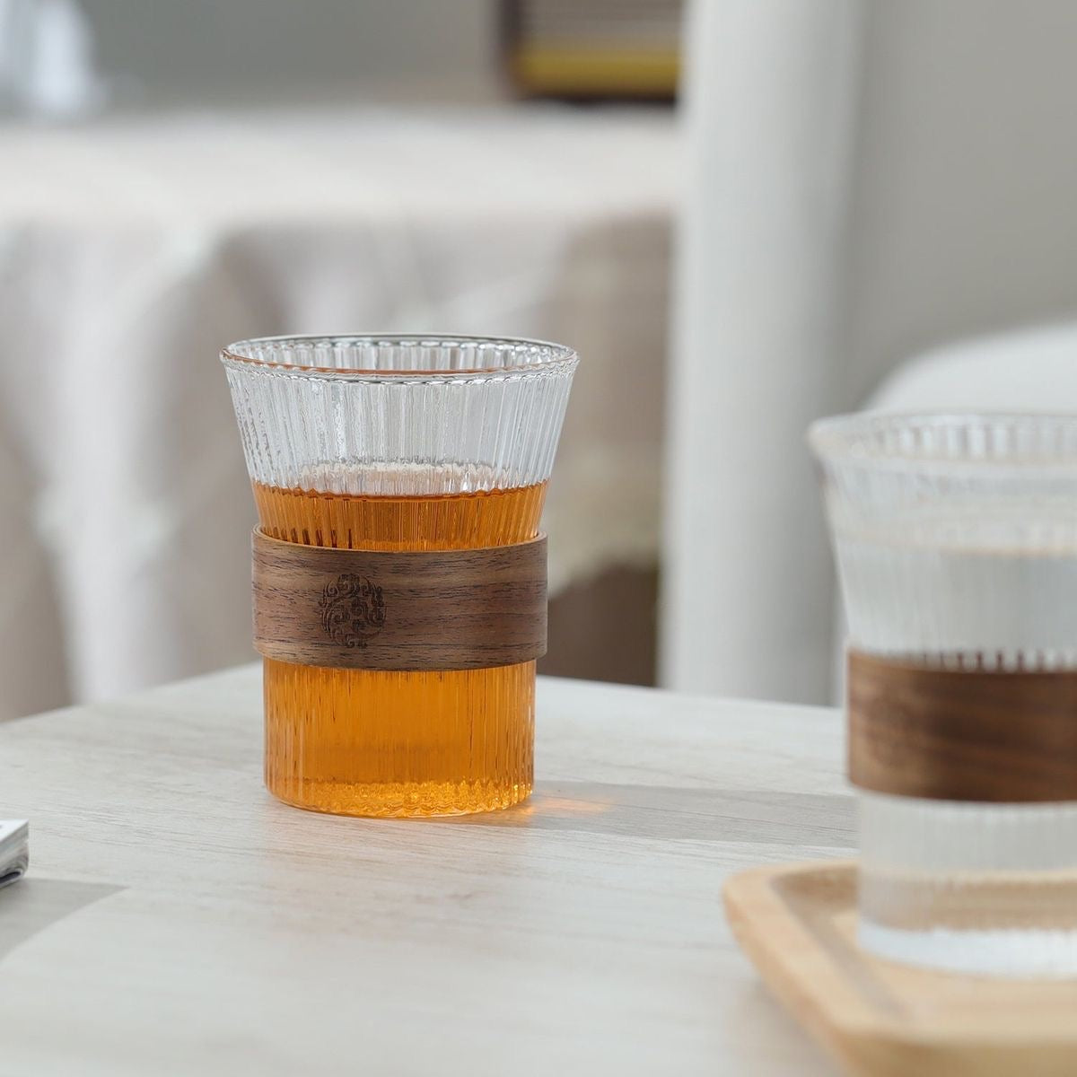 6 Glass Cups with Middle Wood