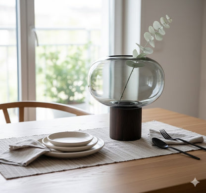 2pcs-Flattened Glass Vase with Walnut Wood Base