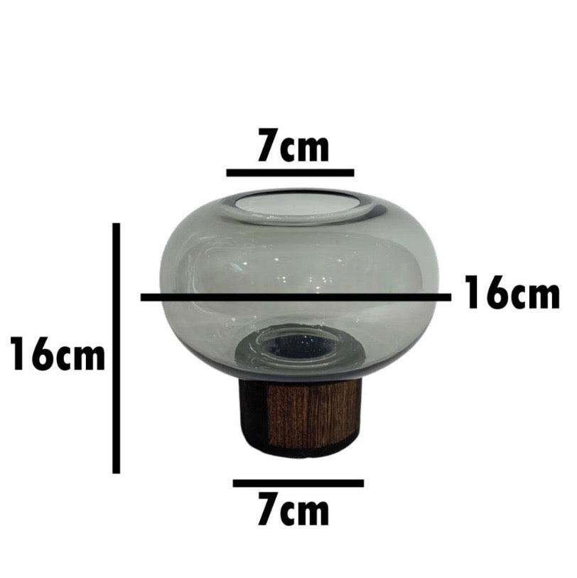 2pcs-Flattened Glass Vase with Walnut Wood Base