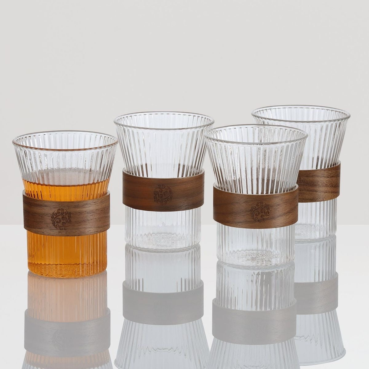 6 Glass Cups with Middle Wood