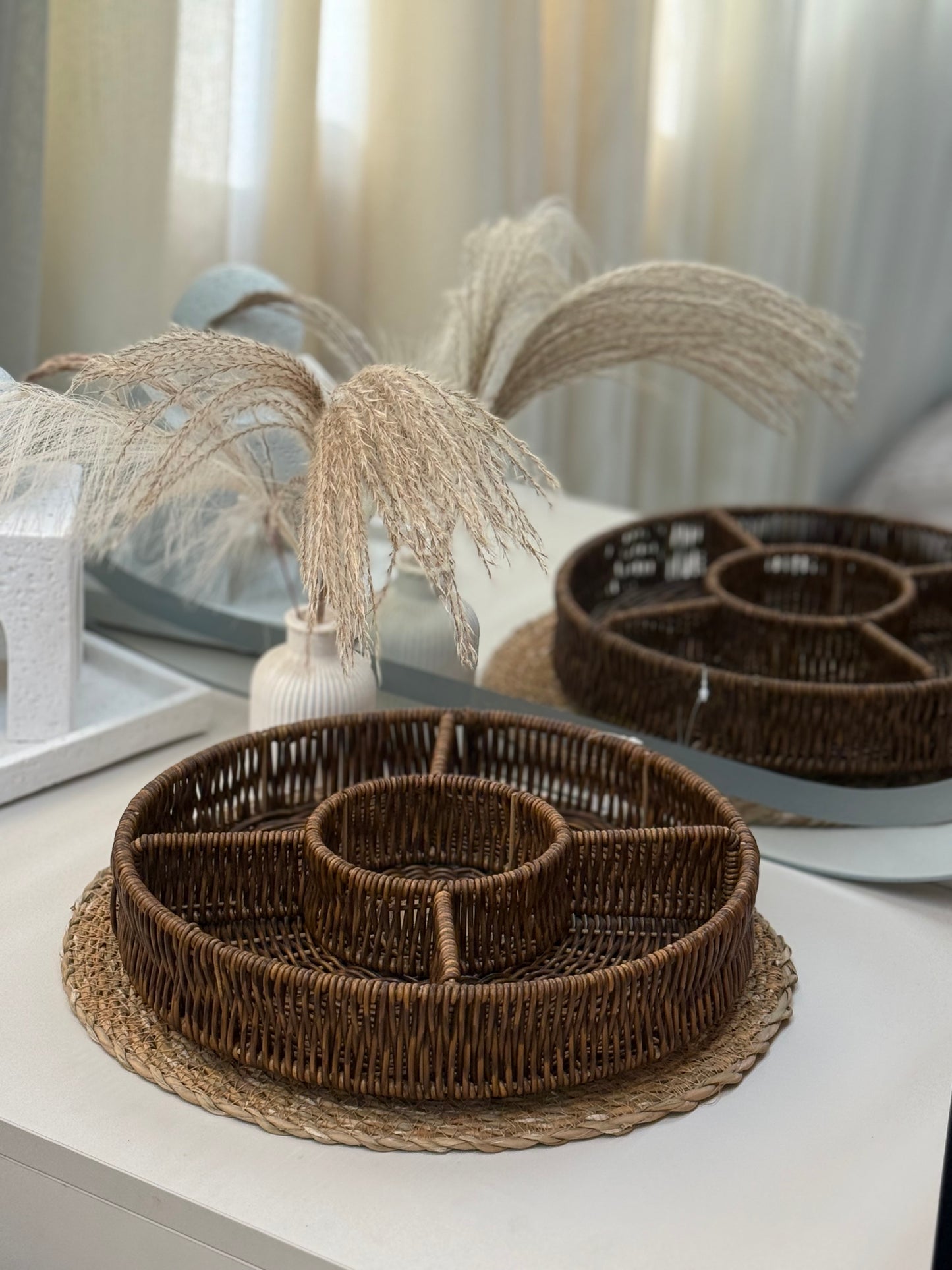 Round Woven Serving Tray with Compartments
