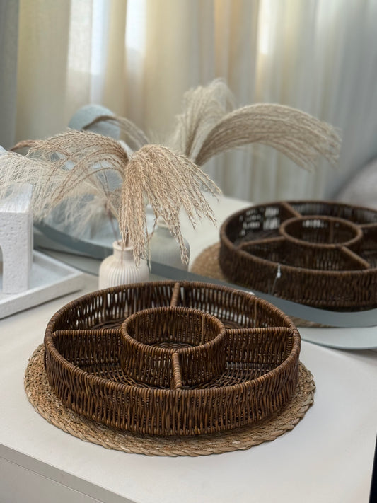 Round Woven Serving Tray with Compartments