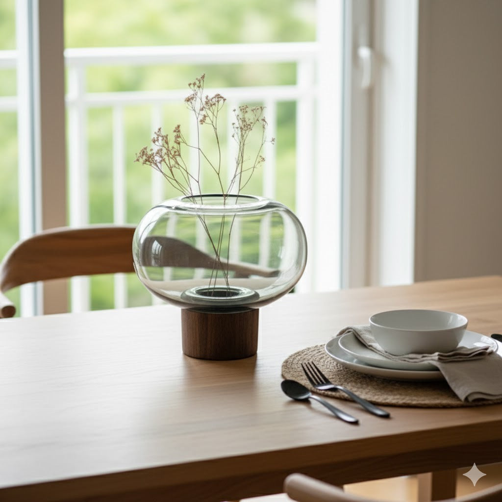 2pcs-Flattened Glass Vase with Walnut Wood Base