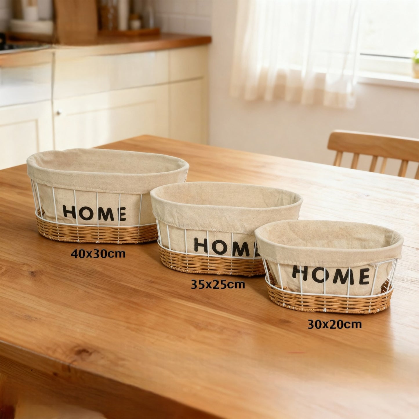 Fabric & Metal Storage Basket with Rattan Base – “HOME” Design