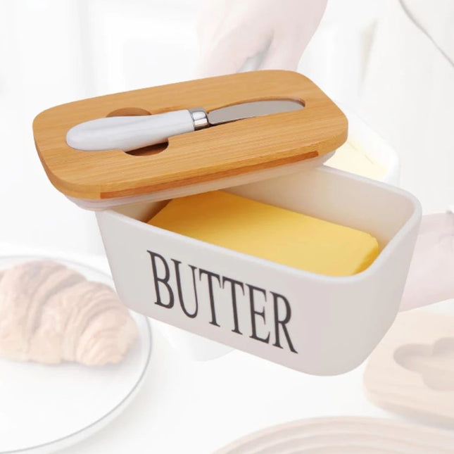 Ceramic Butter with Bamboo Lid and Knife