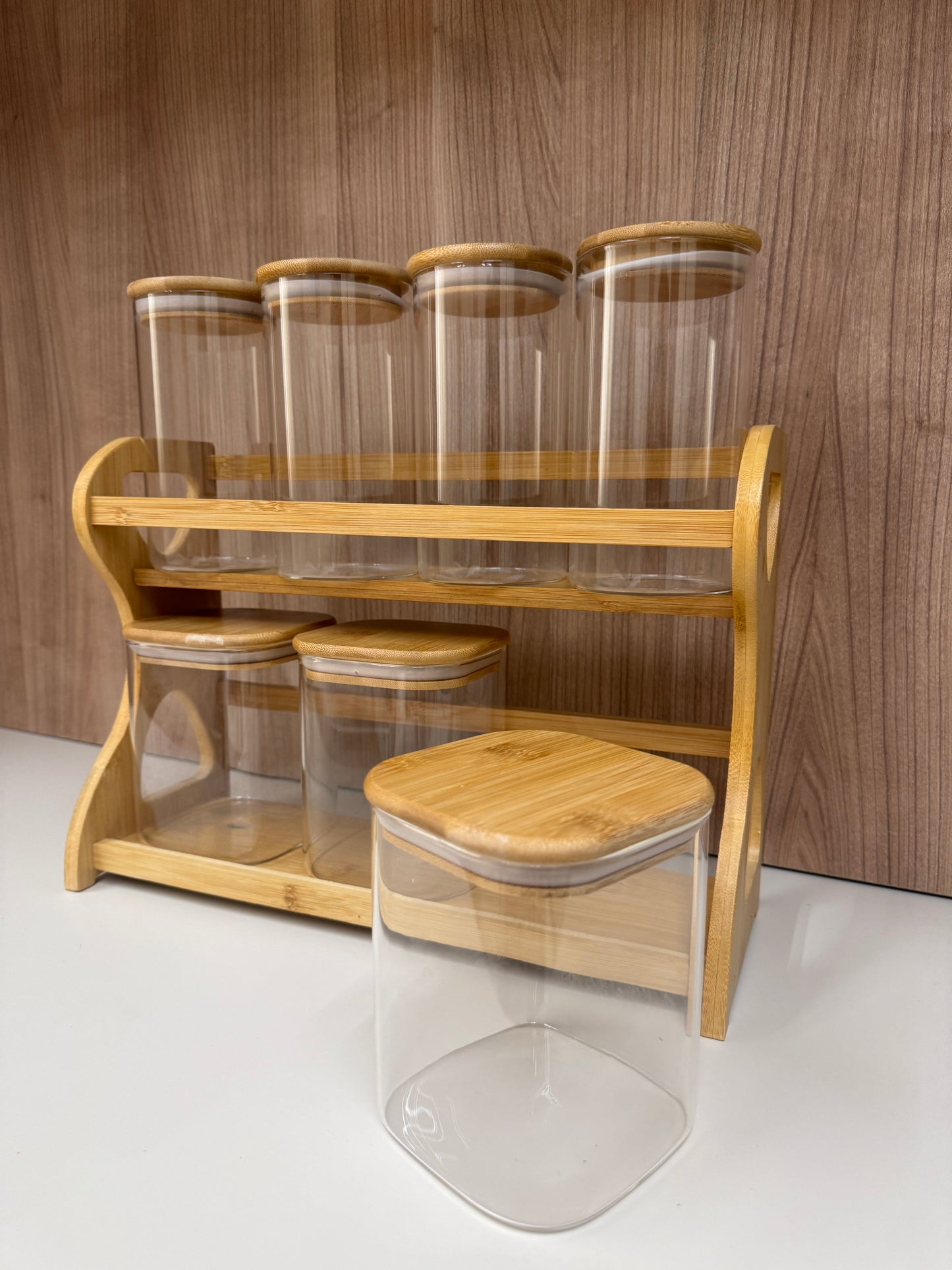 7-Piece Bamboo Storage Jar Set with Wooden Rack