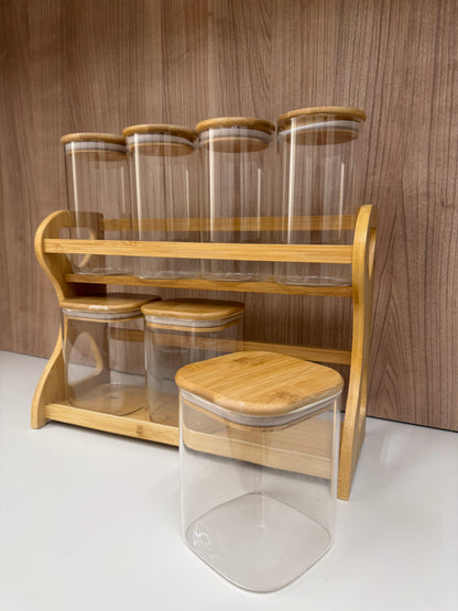 7-Piece Bamboo Storage Jar Set with Wooden Rack