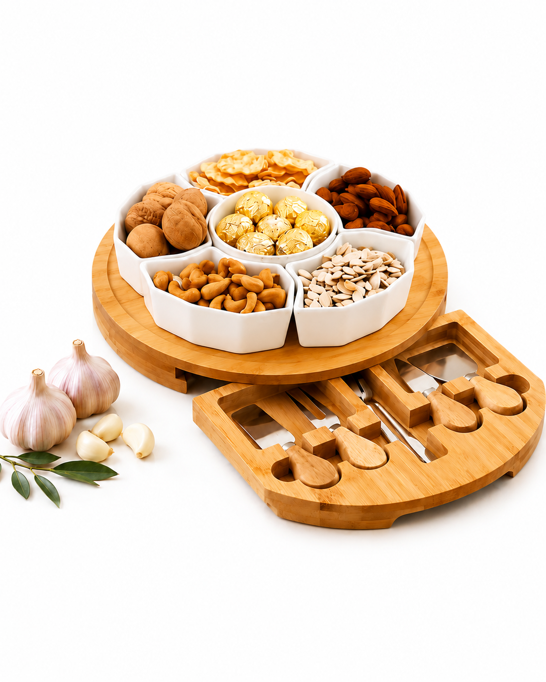 Round Snack & Cheese Serving Board with Hidden Drawer