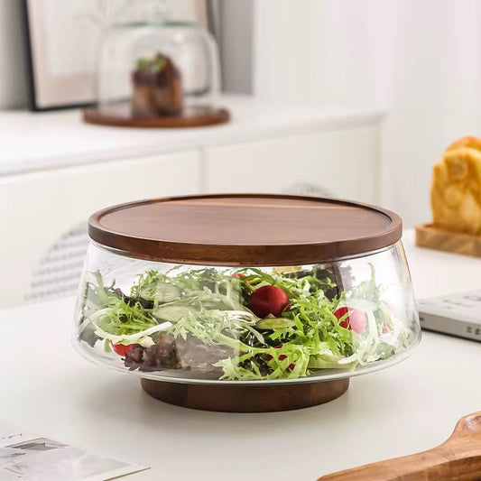 Glass Serving Bowl with Wooden Base & Cover