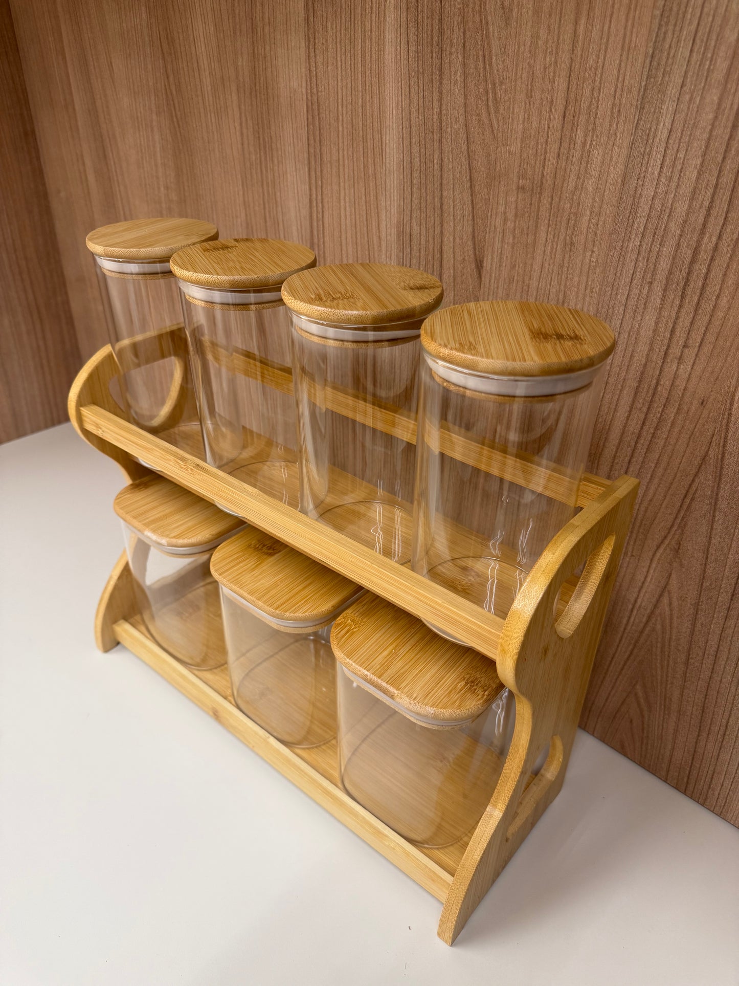7-Piece Bamboo Storage Jar Set with Wooden Rack