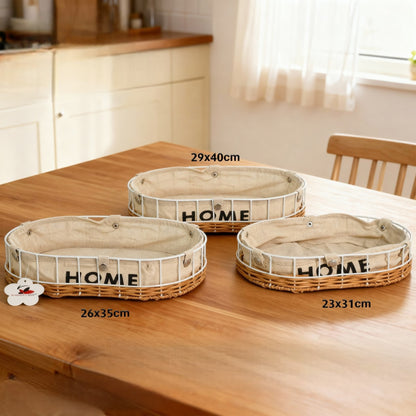 Fabric & Metal Storage Basket with Rattan Base – “HOME” Design