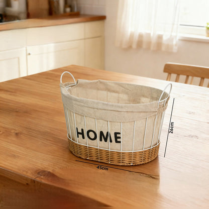 Fabric & Metal Storage Basket with Rattan Base – “HOME” Design