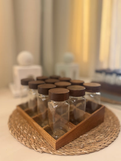 Set of 12 Glass Jars With Wood Stand