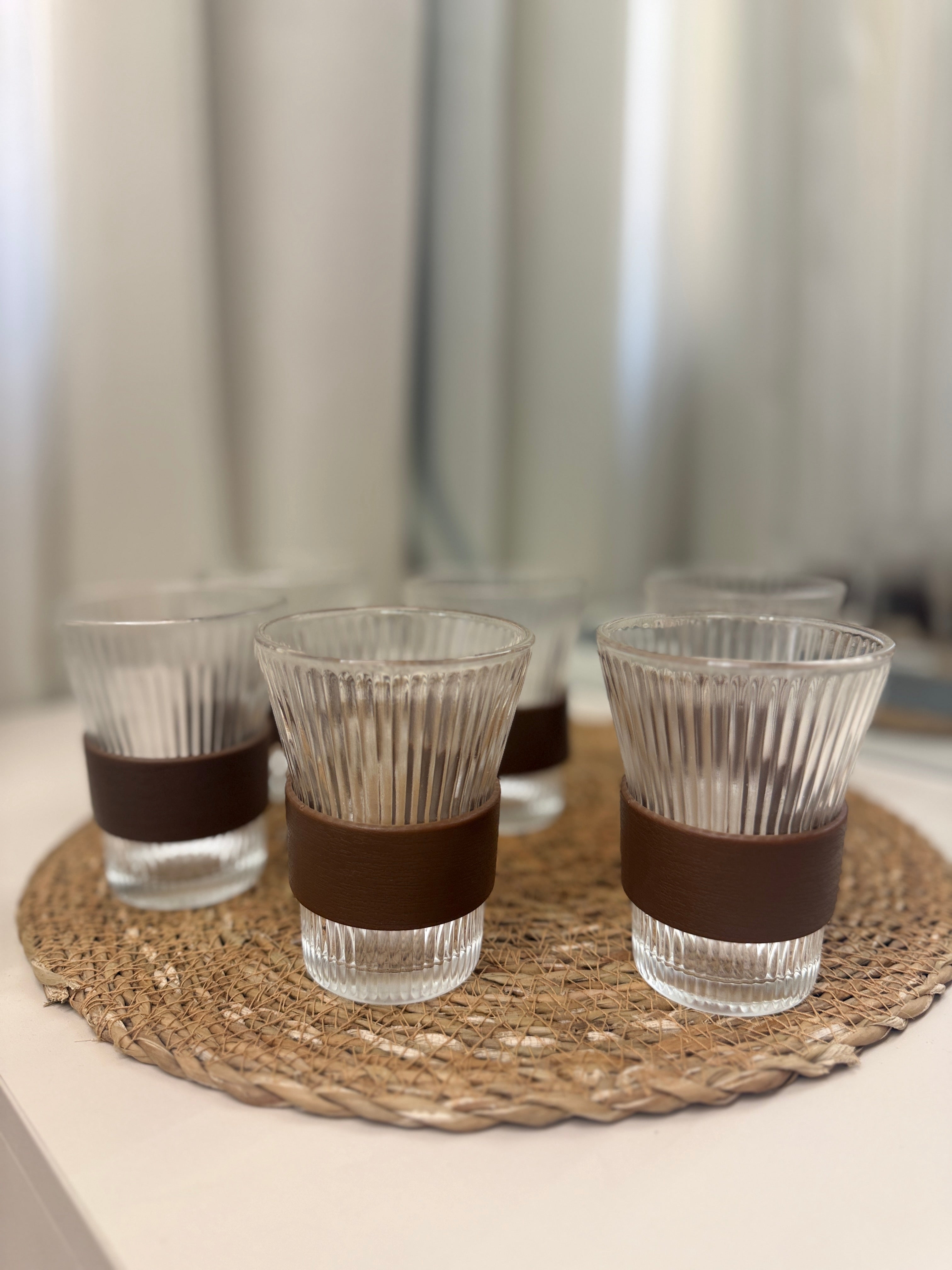 12-Piece Ribbed Glass Coffee Cup Set with Wood Grip