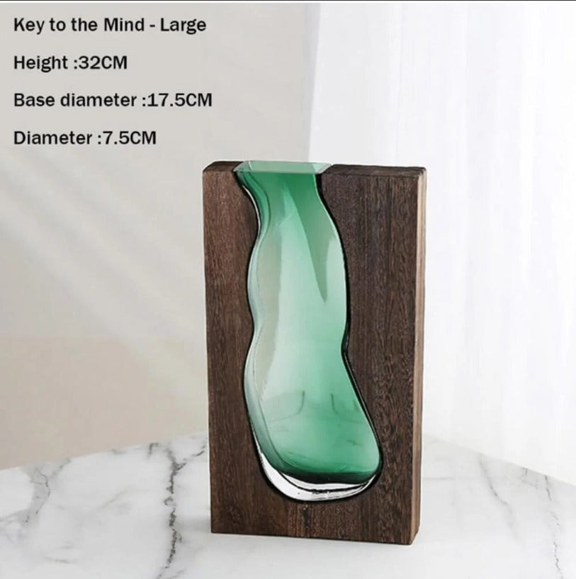 Glass Vase Embedded in Dark Tung Wood