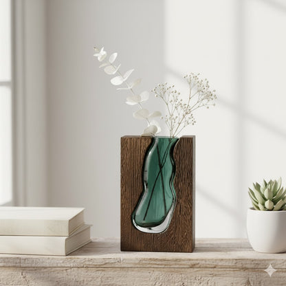 Glass Vase Embedded in Dark Tung Wood