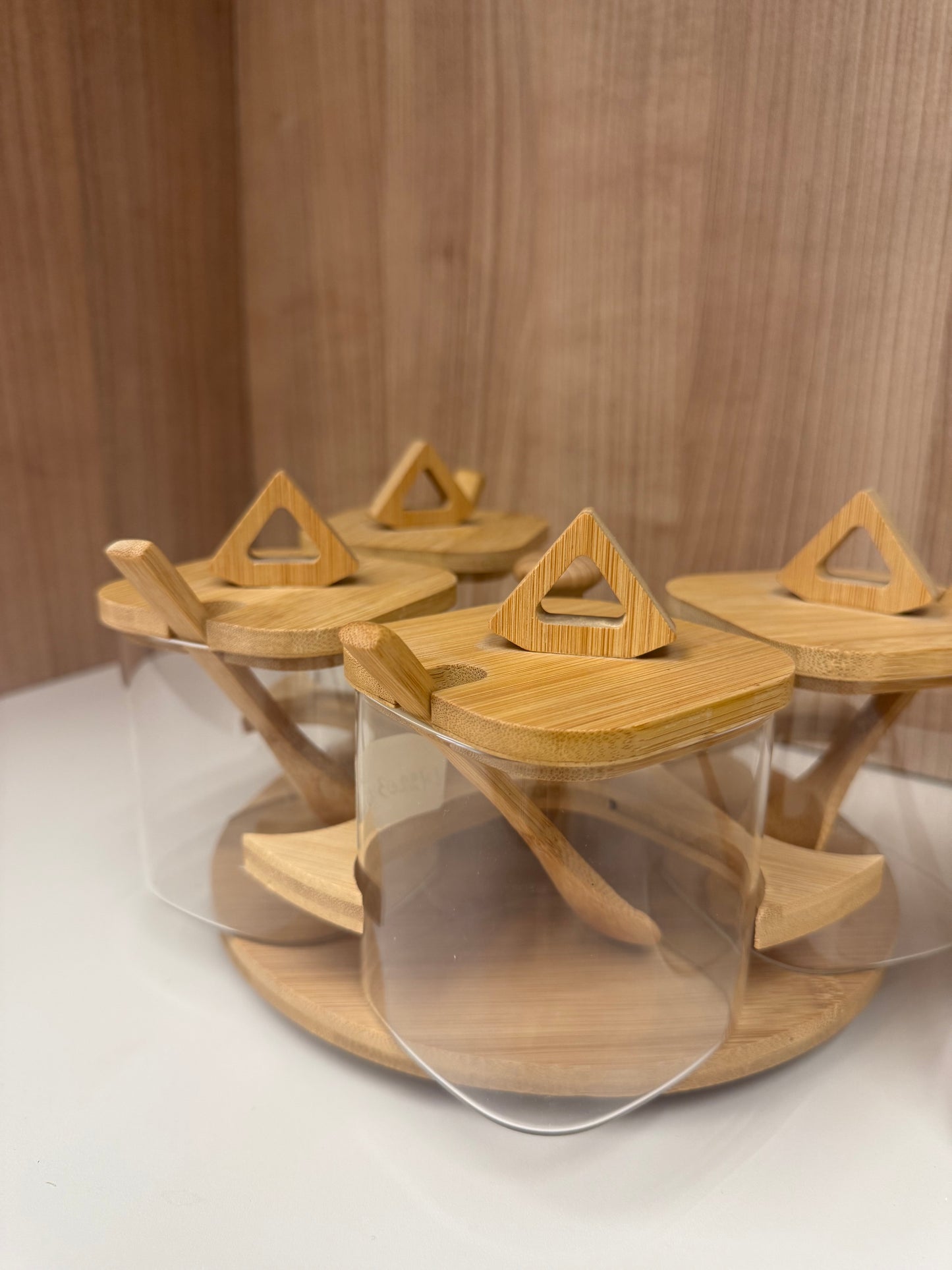 5-Piece Bamboo Rotating Spice Jar Set with Wooden Spoons