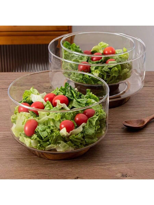 1pcs Elegant Clear Glass Bowl with Wooden Base