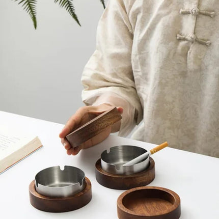 Ashtray Stainless Wood Base/Cover